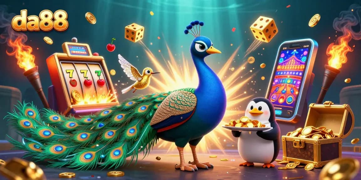 Experience excitement at da88 with a jackpot explosion from vibrant slot machines and animated casino characters.