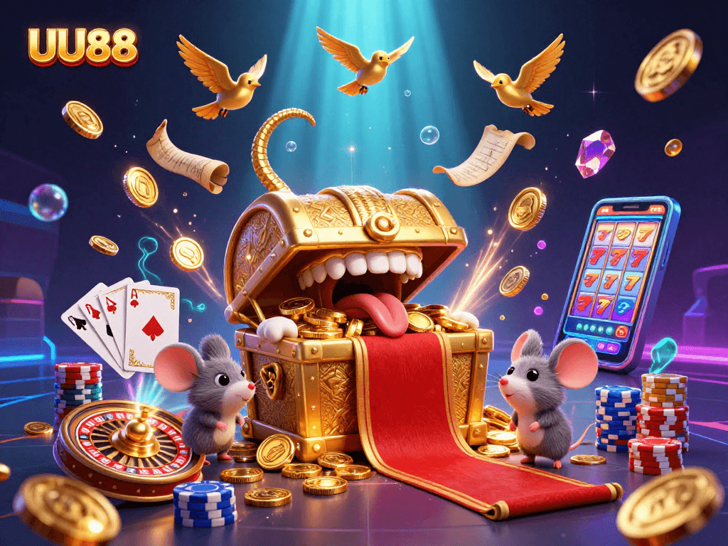 Experience thrilling winnings at UU88 with a vibrant treasure-filled scene showcasing casino excitement.