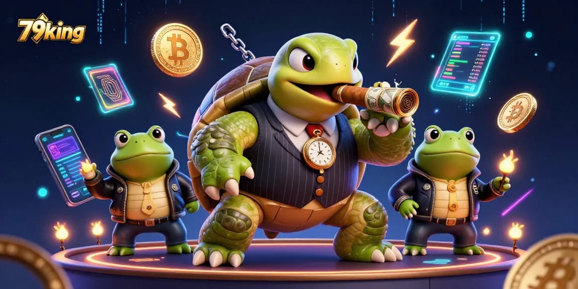 Experience the thrilling action at 79king with classic gaming characters and crypto elements illuminating the scene.