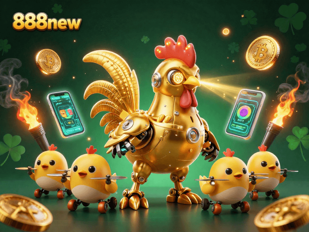 Engage with thrilling games at 888new, featuring a golden rooster robot and crypto elements!