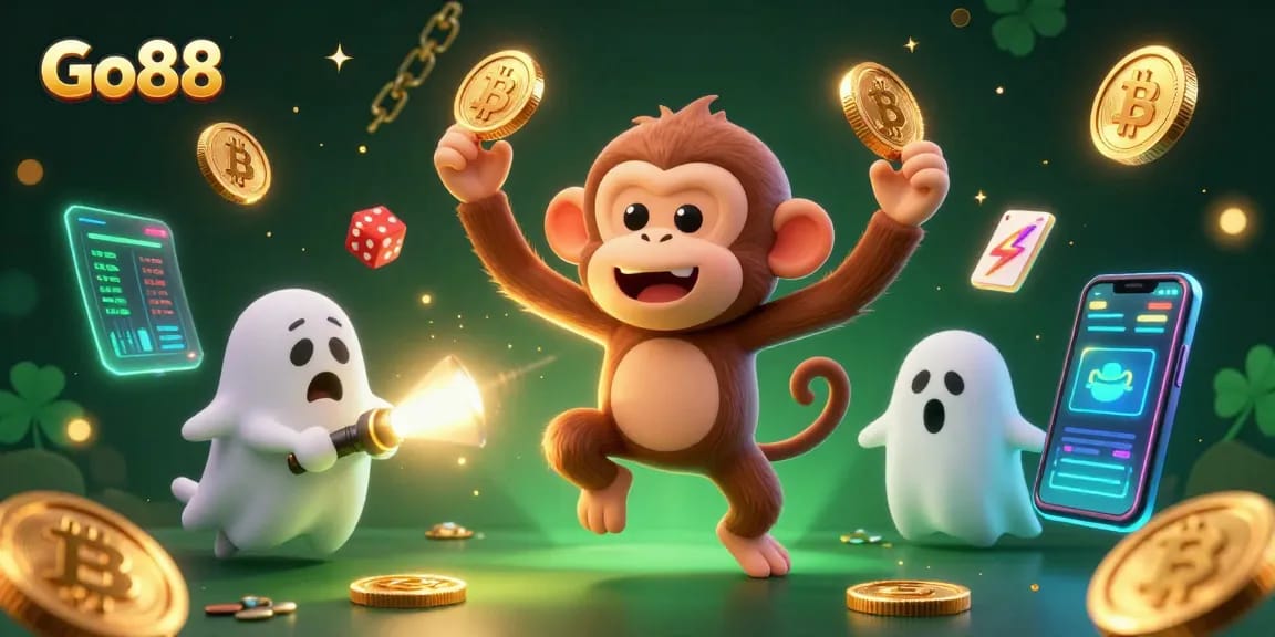 Engage in thrilling gaming action with Go88, featuring lively characters and vibrant gambling elements.