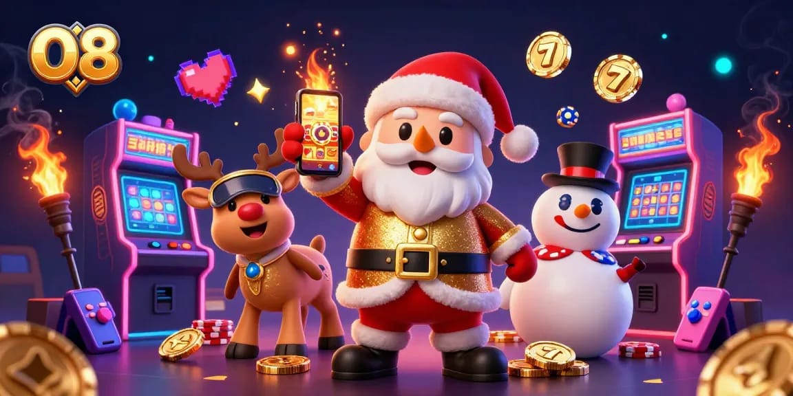 O8 engages players in a dynamic 3D casino scene showcasing jackpot slots and festive characters for an immersive experience.