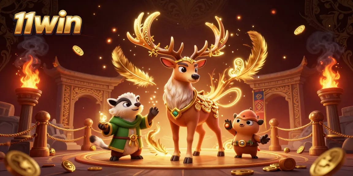 Experience thrilling gaming action with 11WIN's dynamic casino scene featuring vibrant characters.