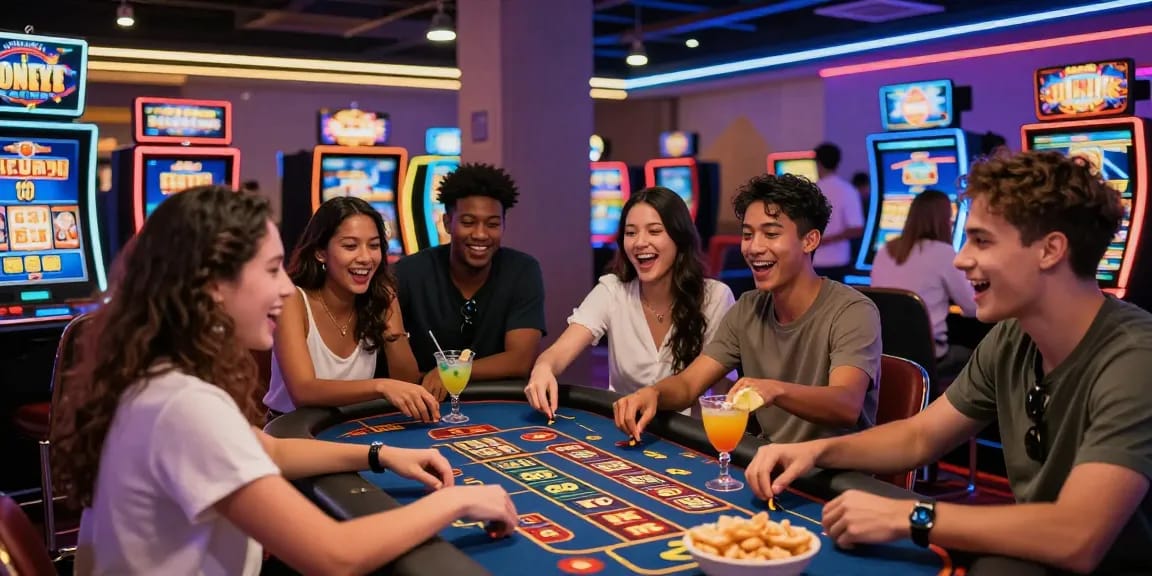 Friends enjoying a thrilling moment at an online casino, showcasing the excitement of 123 b games.