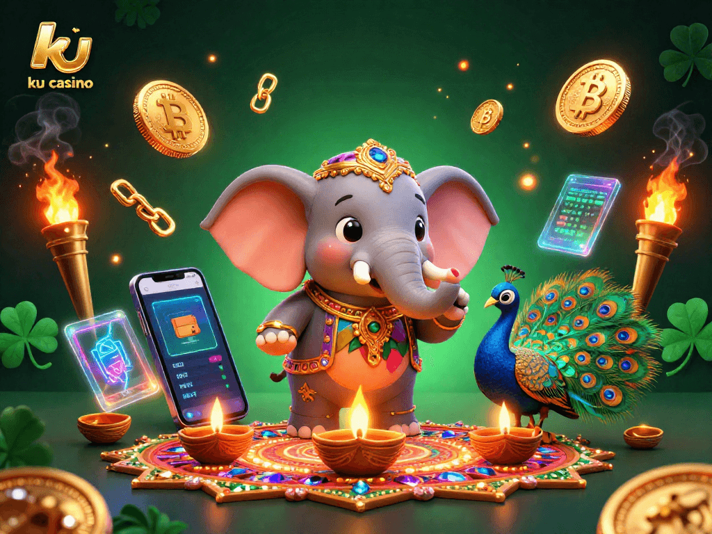 Engage in virtual fun at ku casino with vibrant gaming illustrations featuring colorful characters and crypto elements.