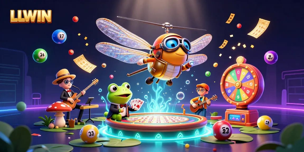 Experience LLWIN with vibrant casino elements and whimsical characters in a dynamic gaming scene.