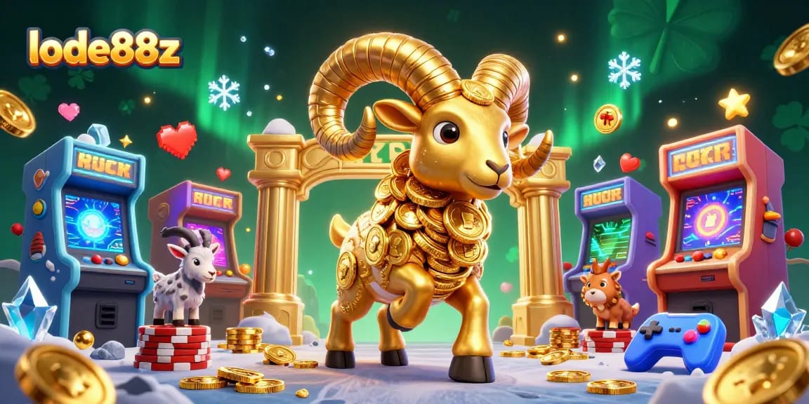 Experience the thrill of lode88z with golden ram charging towards the jackpot in a vibrant casino scene.