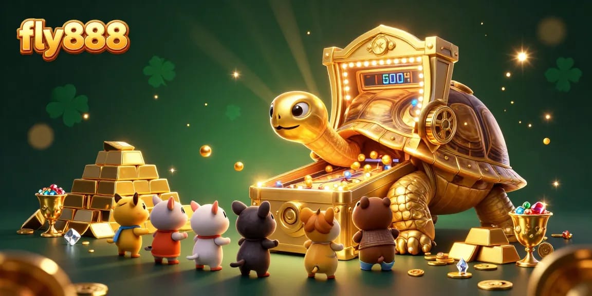 Experience the excitement at fly888 with a 3D scene of a colossal tortoise pinball machine surrounded by treasures.