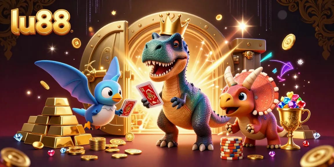 Join the fun with luc88 as a T-Rex shuffles cards, assisted by a pterodactyl, amidst sparkling treasures!