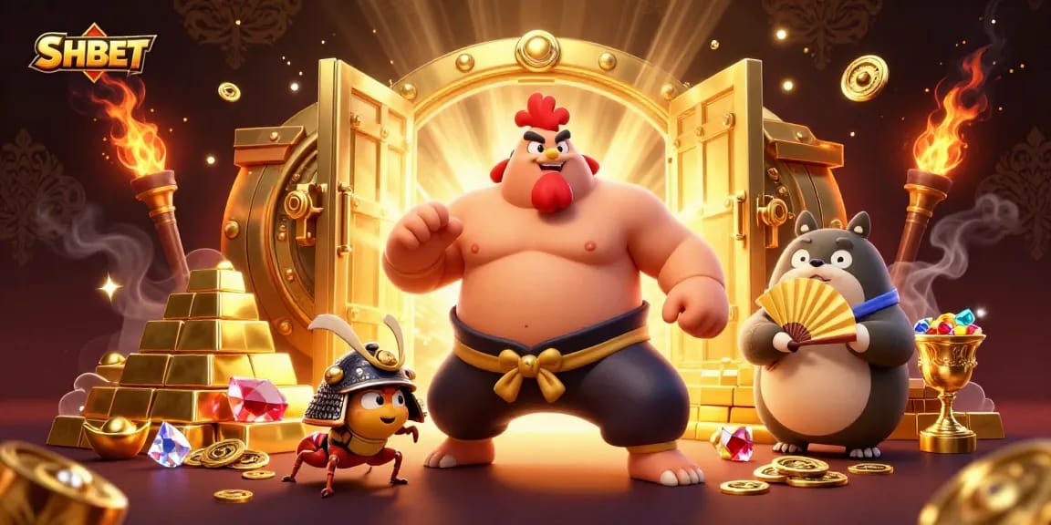 Experience excitement at SHBET with a vibrant 3D casino scene featuring gold treasure and animated characters.
