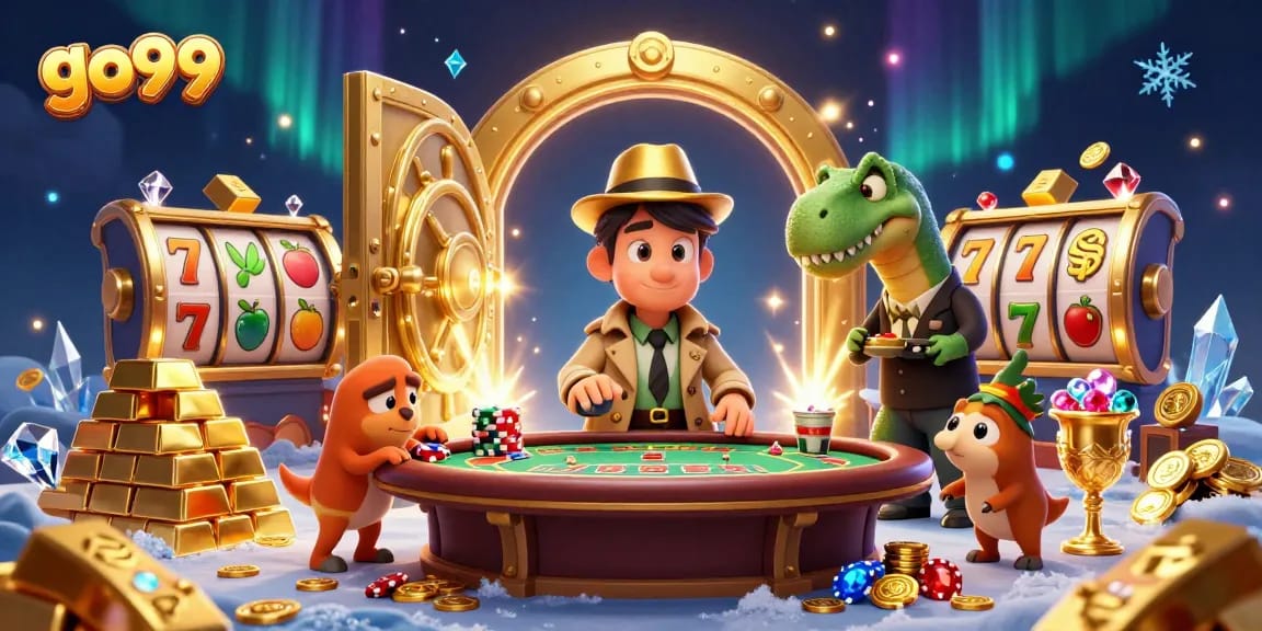 Experience the thrilling go99 gaming with a 3D velociraptor at a blackjack table amidst a treasure vault.