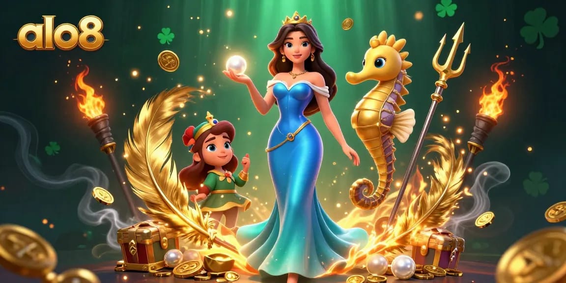 Spin the reels with alo8 in a vibrant underwater casino scene, filled with treasures and gaming elements.