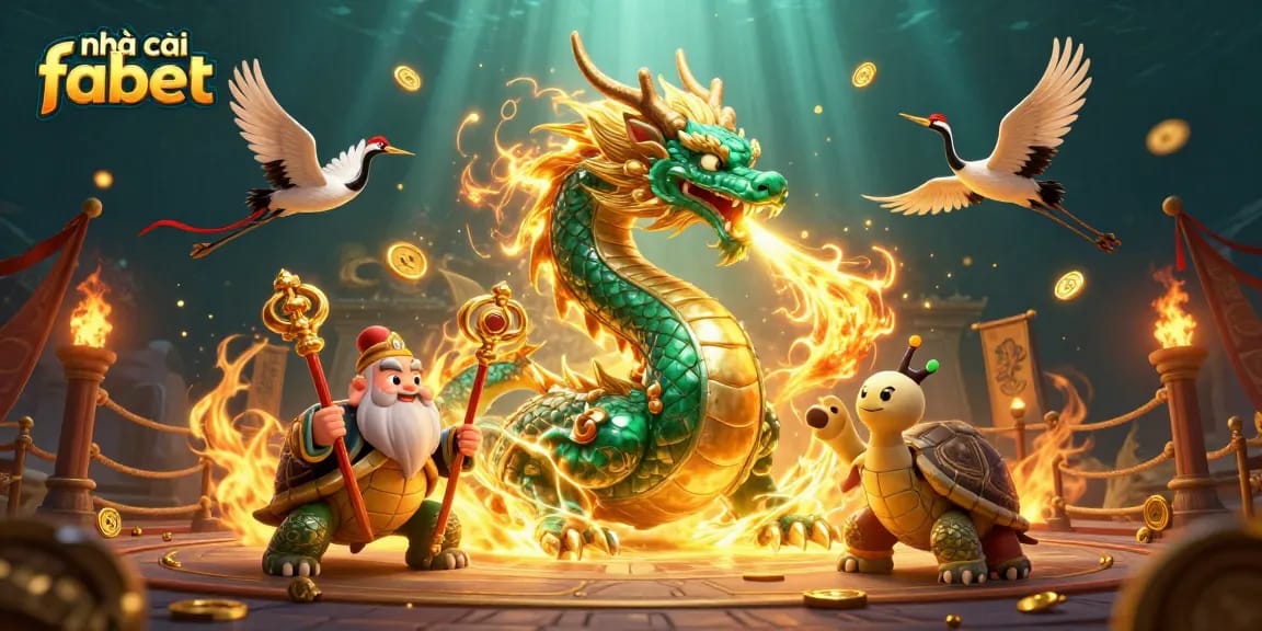 Experience the thrill of nhà cái fabet with a dynamic 3D scene of mythical creatures and gaming elements.