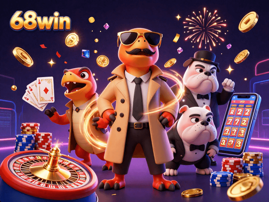 Experience thrilling wins at 68win, where animated raptors mingle in a glittering casino.