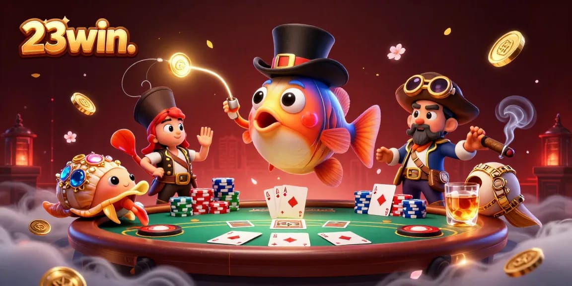 Engage with 23win. in a vibrant casino adventure featuring animated sea creatures amidst poker action.
