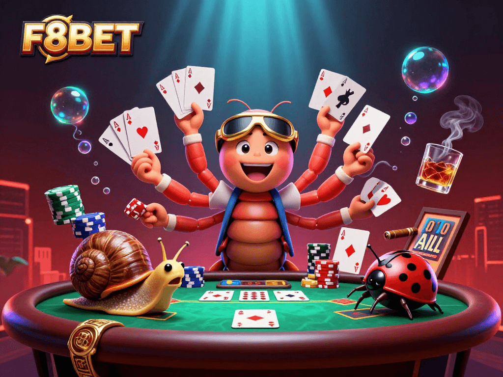 Experience thrilling gameplay with F8BET's vibrant casino illustration featuring a dynamic millipede dealer.