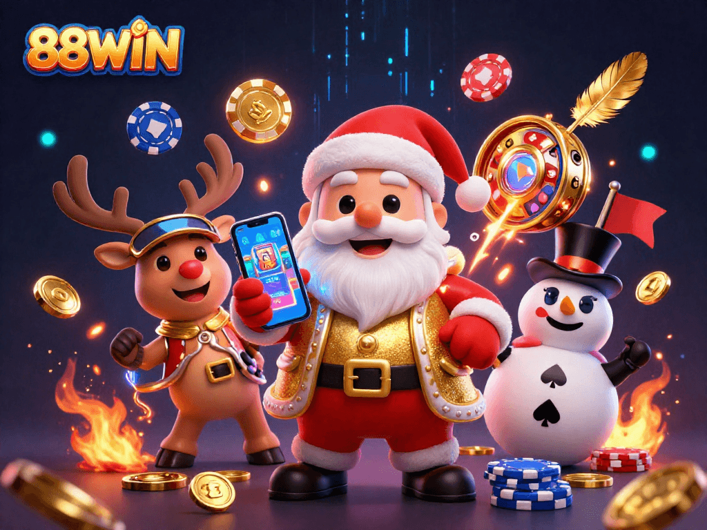 88WIN brings the thrill of jackpot slots with Santa, his reindeer dealer, and poker chip snowman.