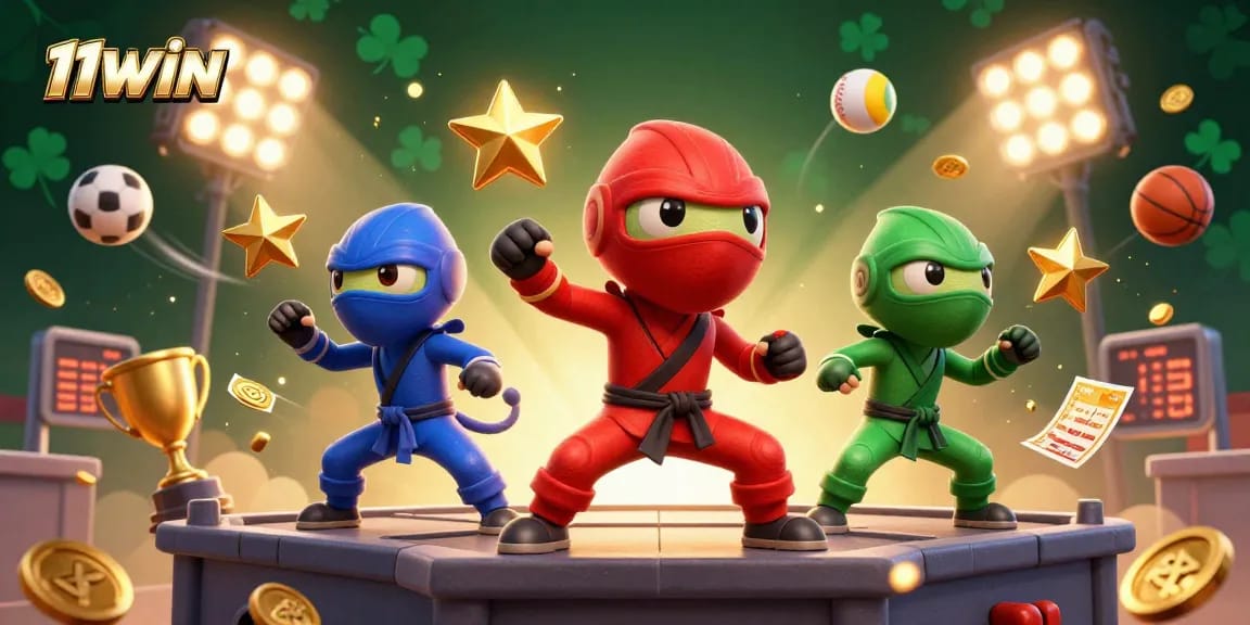 12WIN enhances excitement with 3D cartoon ninjas and vibrant sports elements in a lively casino atmosphere.
