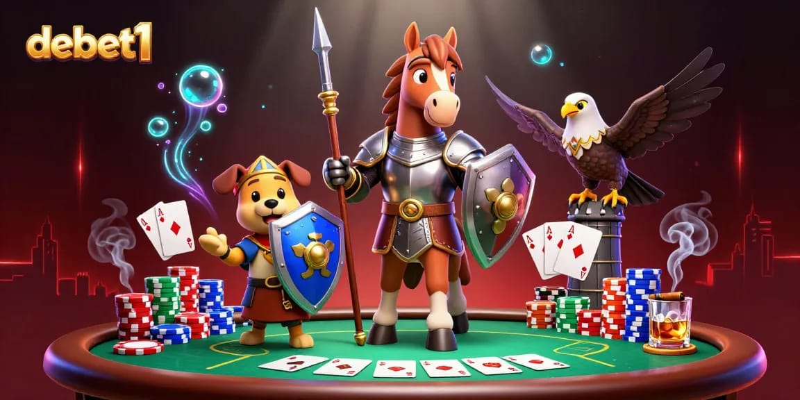 Engage with debet1 in a vibrant poker scene featuring medieval characters and rich gaming elements.