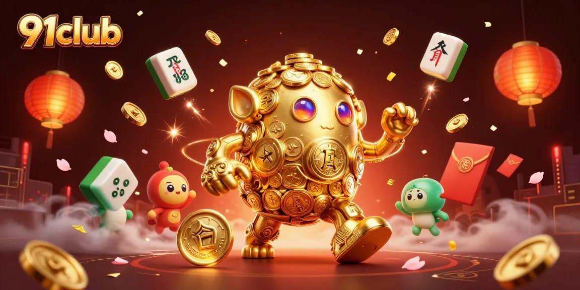 Experience the thrill of 91club with this vibrant, animated casino scene featuring golden golems and festive elements.