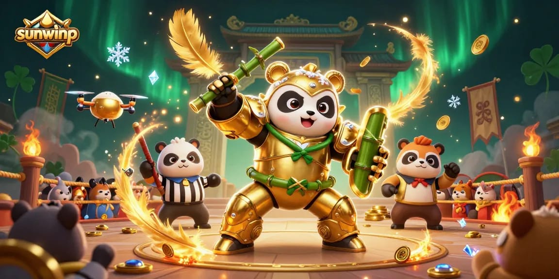 Experience the thrilling action of sunwinp's vibrant casino scene with a mech-suit panda and bamboo robot.