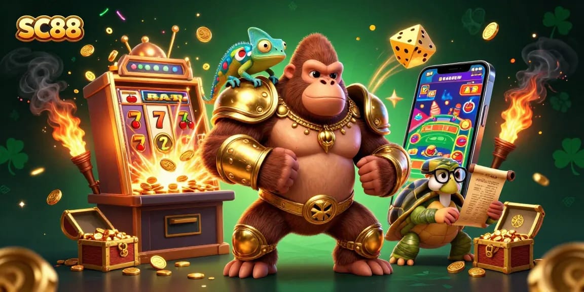 Spin the reels with SC88, where a powerful gorilla king and casino treasures create gambling excitement.