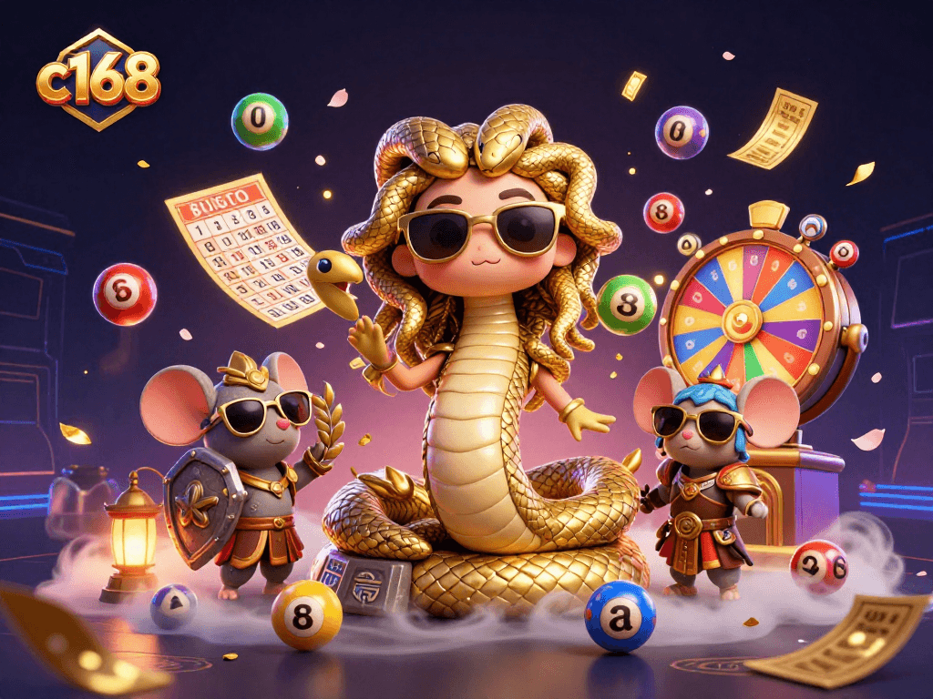 Experience thrilling gaming at c168 with cute Medusa, a warrior mouse, and vibrant lottery elements!