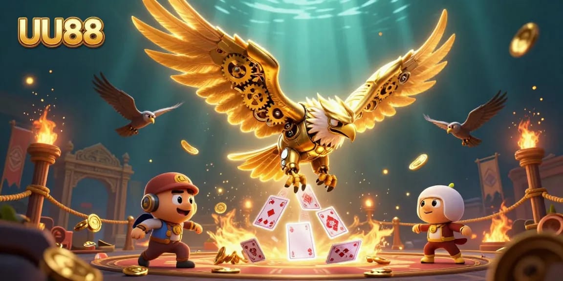 Experience thrilling gameplay with UU88, featuring vibrant 3D illustrations of gambling action and colorful casino elements.