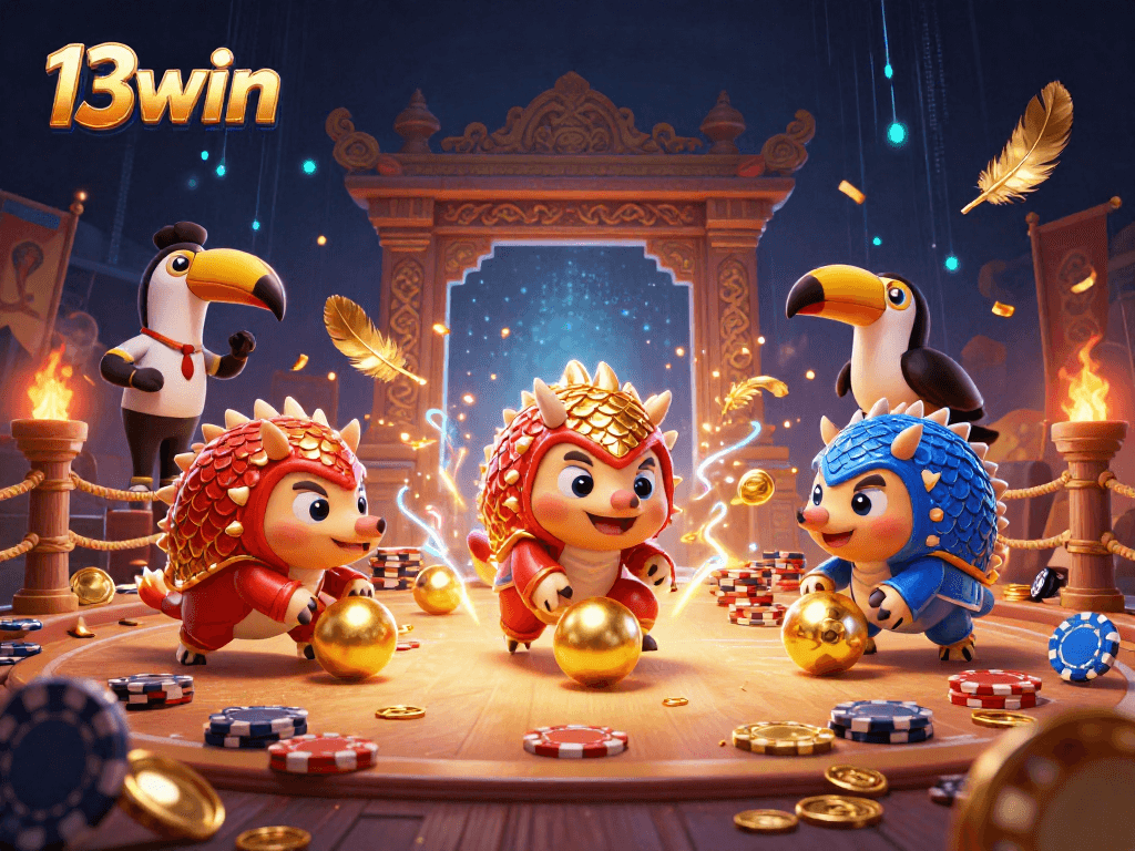 Engage in thrilling games at 13win with dynamic pangolin rivals competing amidst poker chips.