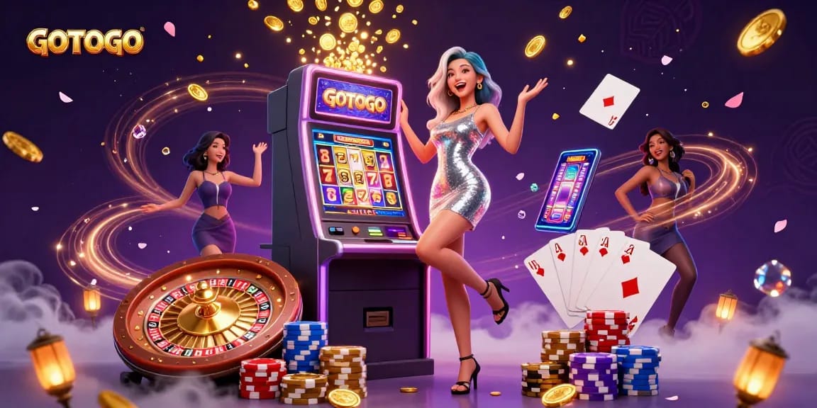 Rayakan jackpot di GOTOTO dengan koin emas dan pemandangan kasino yang cerah di sekelilingnya.