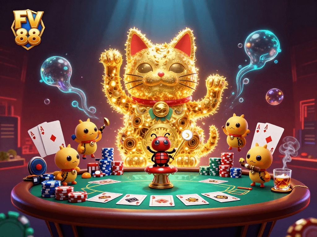 Engage with FV 88's vibrant golden lucky cat amidst dynamic casino elements for winning gameplay.