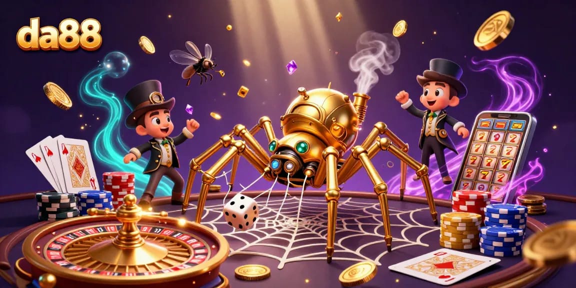 Engage with da88's captivating casino trends showcasing a charming steampunk spider and golden prizes.
