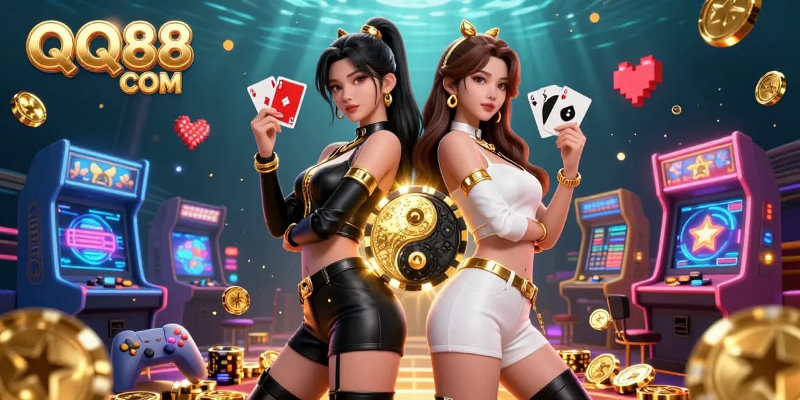 Experience thrilling moments at QQ88 COM with stunning Asian women holding playing cards, dynamic casino elements, and vibrant 3D visuals.