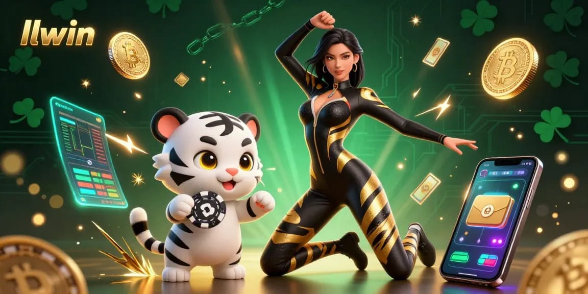 Engage with llwin in a vibrant 3D casino scene featuring a stunning acrobat and playful tiger amidst crypto coins.