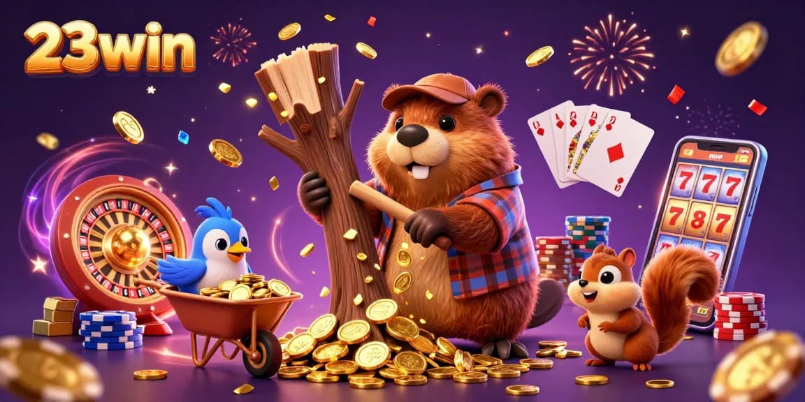 Engage with 23win's exciting casino experience as a beaver chops trees raining golden coins with a bird collecting them.