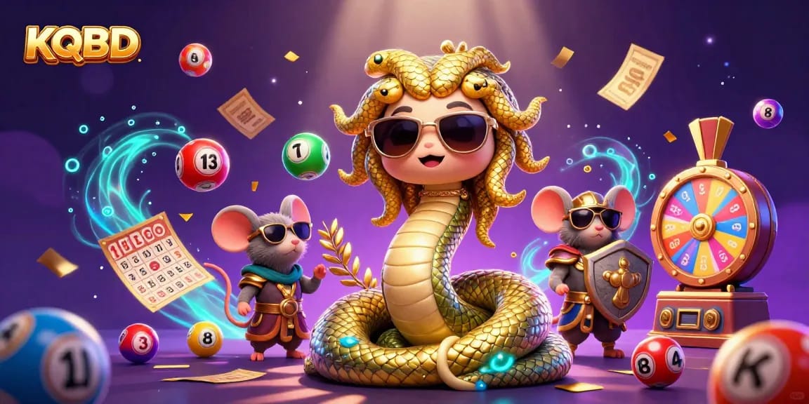KQBD showcases an animated Medusa and warrior mouse interacting with colorful lottery elements in a vibrant casino scene.