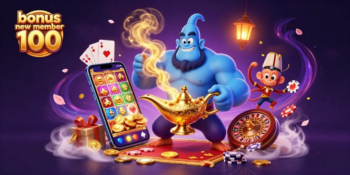 Engage with the exciting bonus new member 100 offer in a vibrant casino scene featuring a blue genie and slot elements.