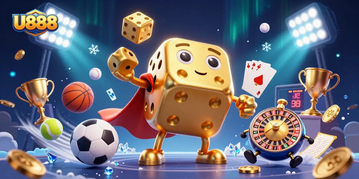 Experience non-stop action with U888's animated casino scene showcasing golden dice and vibrant sports elements.
