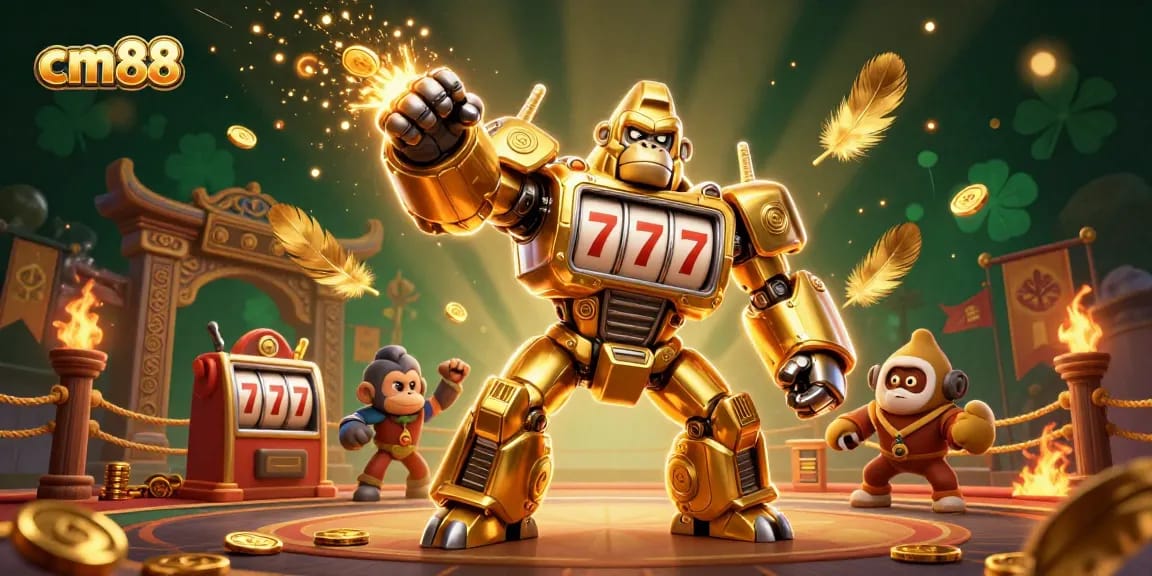 Bet big with cm88: a dynamic animated scene featuring a golden mech and casino elements.