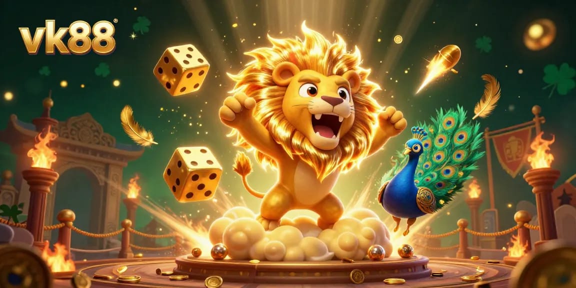 Join the vk88 adventure with vibrant casino elements and a roaring sun lion in a dynamic 3D illustration.