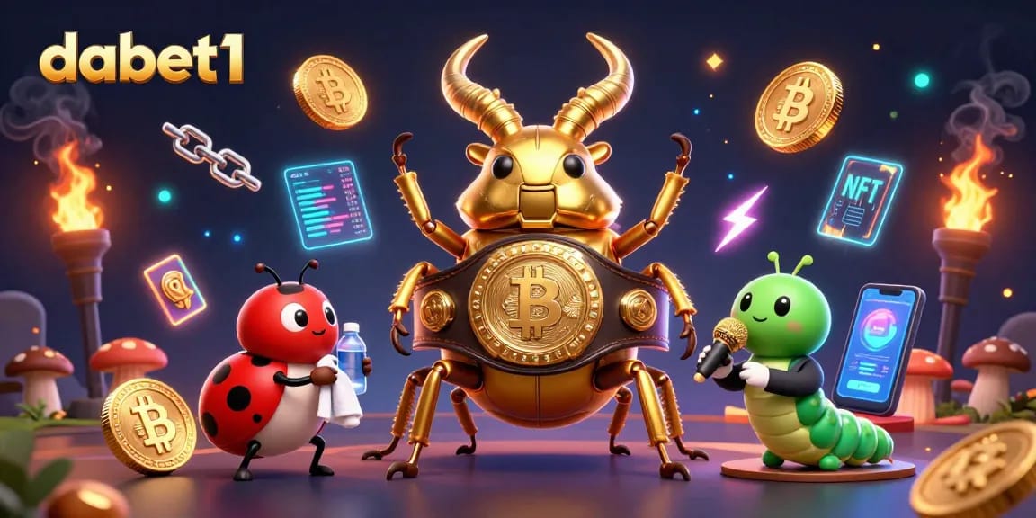 Dabet1 showcases a thrilling 3D cartoon boxing arena with a golden stag beetle and vibrant crypto elements.