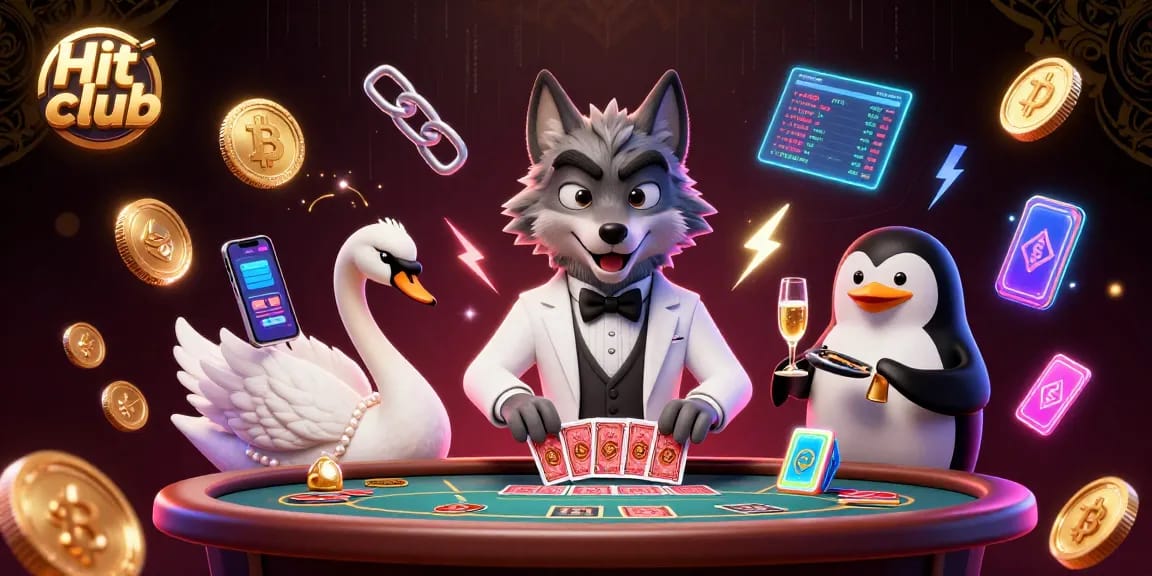 Hit club features vibrant 3D scene showcasing a wolf, swan, and penguin celebrating at a virtual baccarat table.