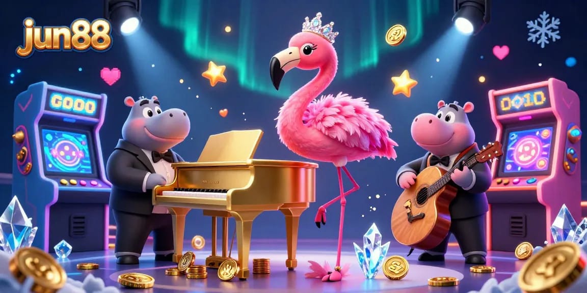 Experience vibrant action at jun88 with a flamingo singer and hippo bassist in a vivid casino scene.