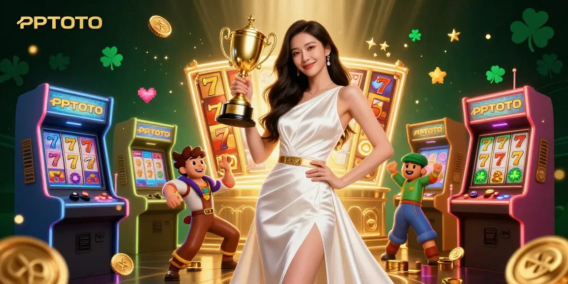 PPTOTO menampilkan seorang wanita Asia dalam pose kemenangan dengan trofi emas di tengah elemen permainan slot yang mendebarkan.