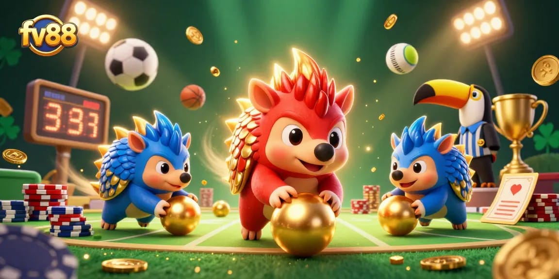 Score a win with FV88's thrilling animated gambling scene featuring dynamic pangolins.