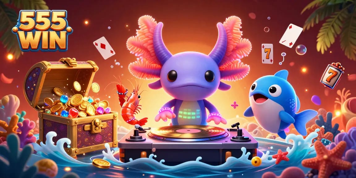 Engage in 555 WIN action with vibrant DJ axolotl, shrimp dancers, and colorful gems!