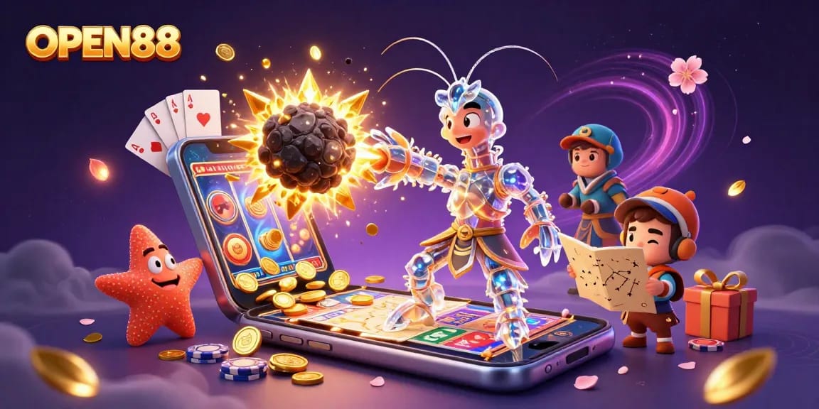 Engaging OPEN88 scene with a galactic samurai mantis shrimp amidst colorful slot games and explosive gems.