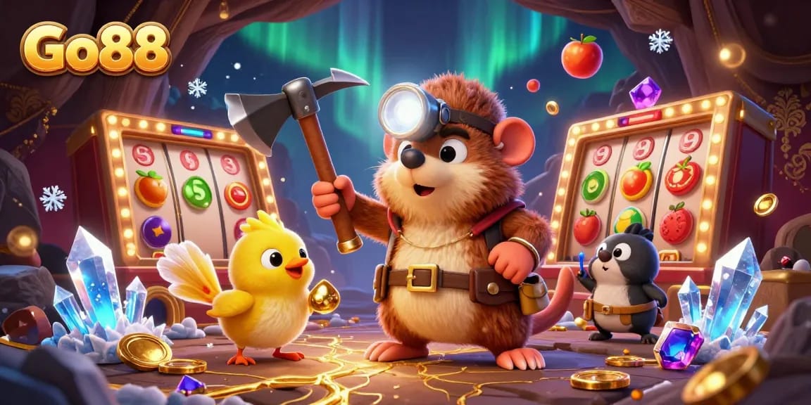 Experience thrilling gameplay at Go88 with a vibrant casino scene featuring treasure hunters and gems.