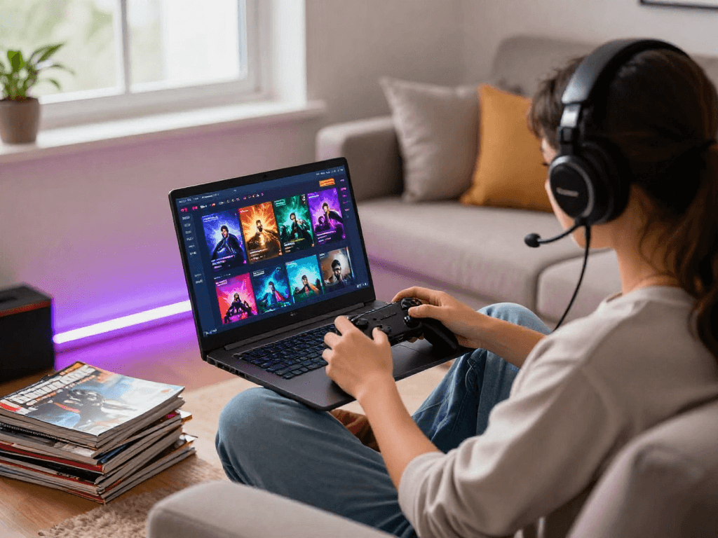 Engaged gamer enjoying immersive porno games on a laptop in a cozy setting, showcasing vibrant game windows.