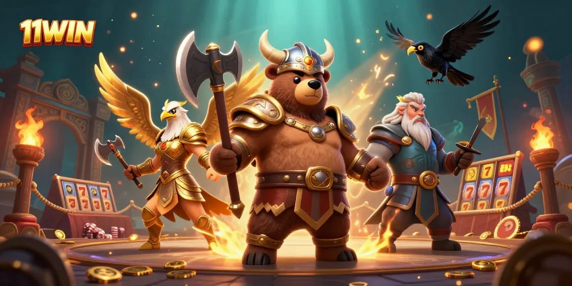 Immerse in 11WIN's world of slots featuring a Viking bear and Valkyrie eagle in a dynamic casino arena.